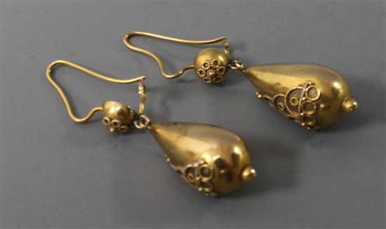 A pair of Victorian yellow metal and cannetile work pear shaped drop earrings, 29mm.